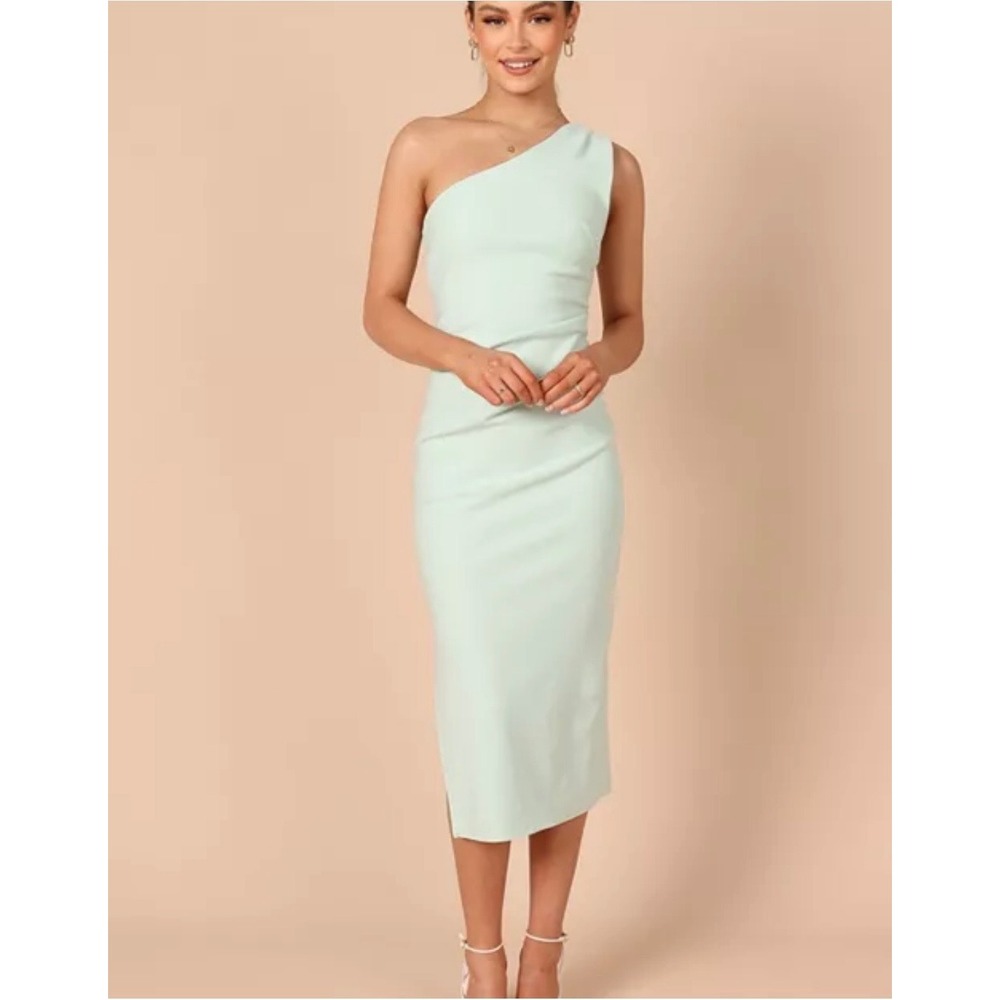 Petal and Pup One Shoulder Midi Dress Size 16 Sage Green Draped Stretch Crepe